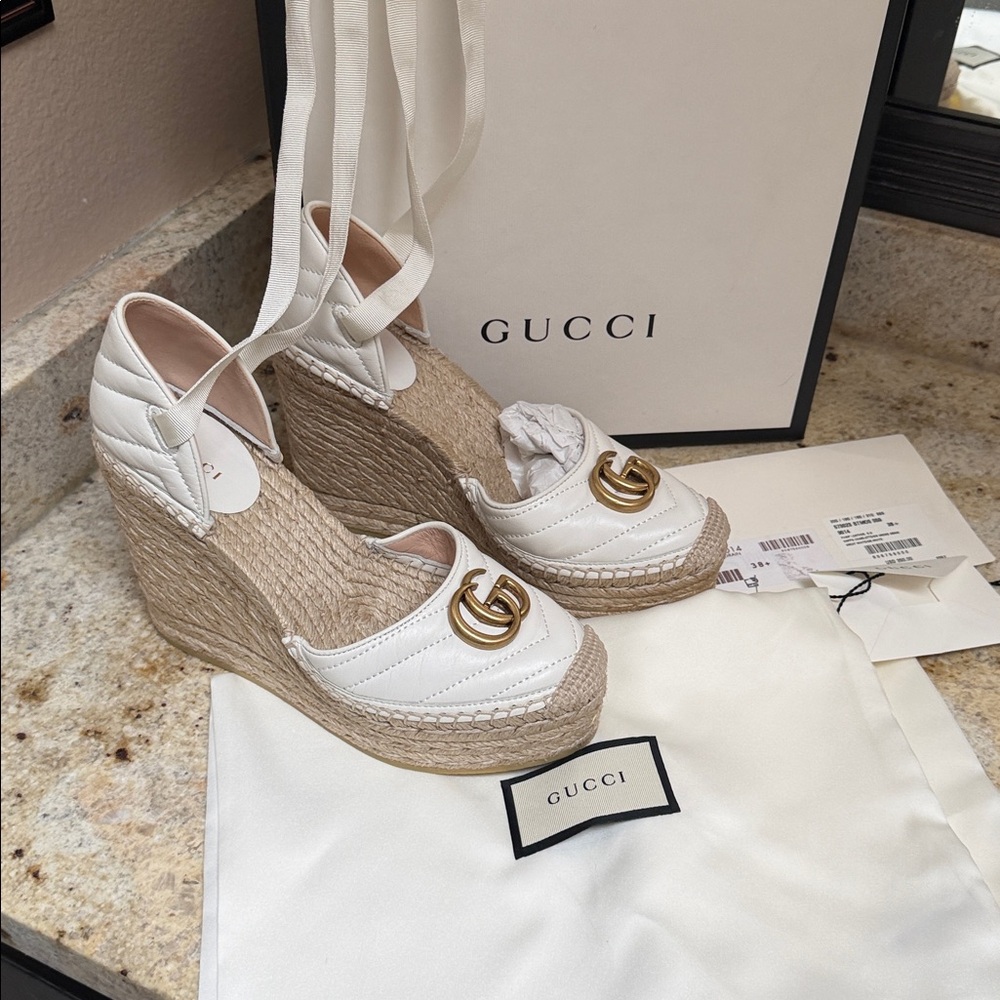 NEW GUCCI White Leather Marmont GG Charlotte Espadrille Wedge Sandals 38.5 - Picture 7 of 17
